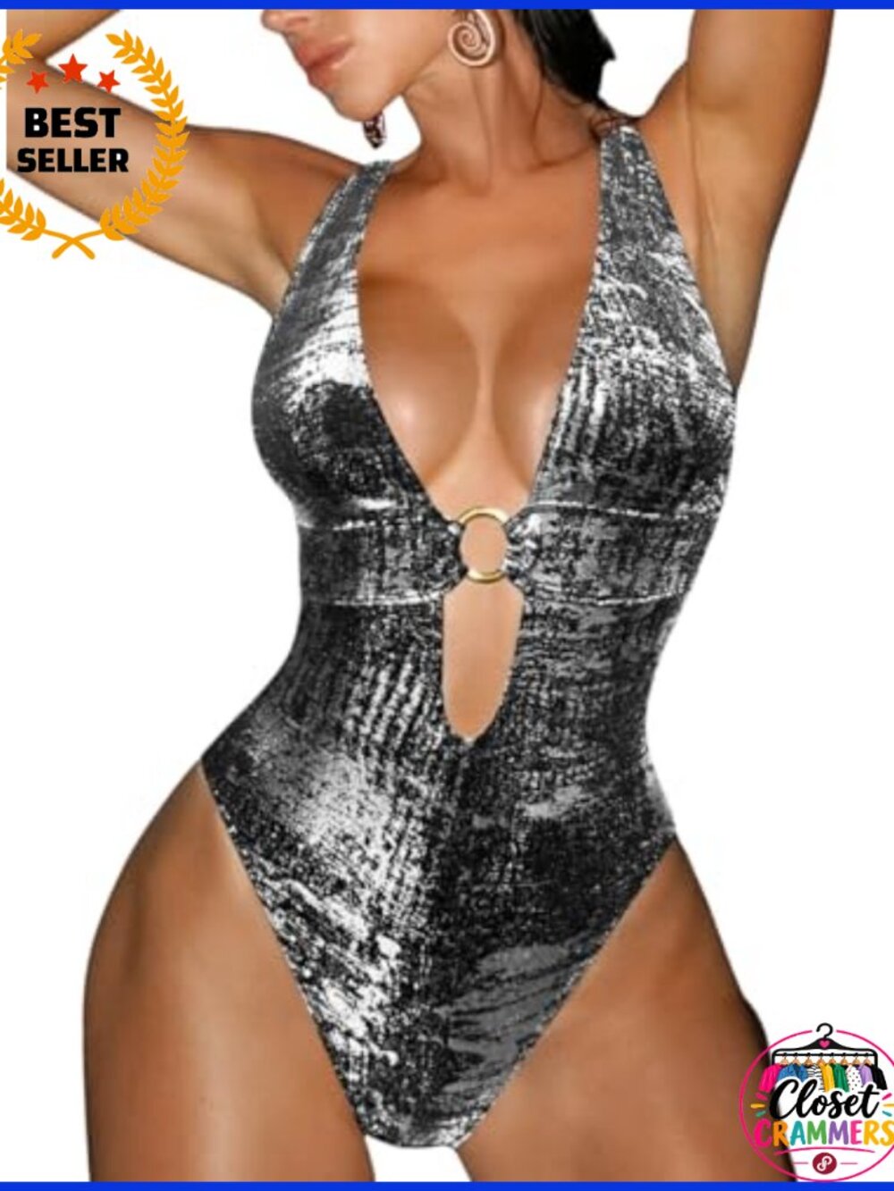 Women's Metallic One Piece Swimsuit Plunge Cutout Bodysuit Festival Rave